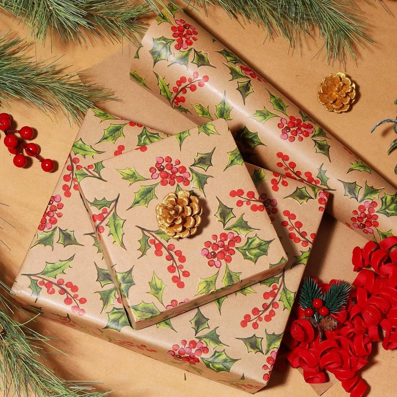 LaRibbons Kraft Christmas Wrapping Paper Mini Roll, Holly Leaves and Red Berries Pattern, for Classic Christmas, Winter Holiday Gift Wrapping, 17" x 33' (46.7 sq. ft) - Image 2